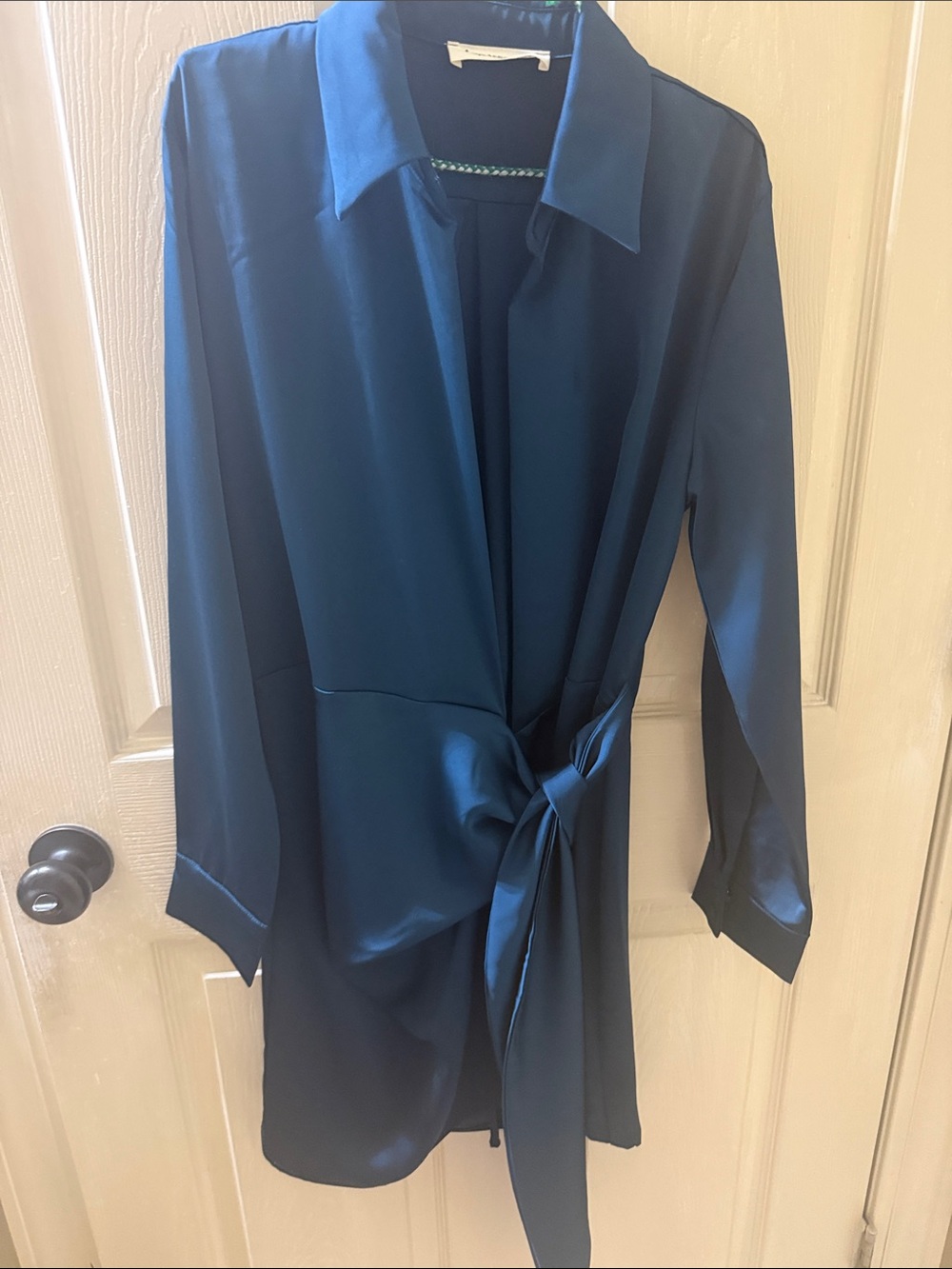 Impressions Teal Satin Midi Dress with Tie Waist